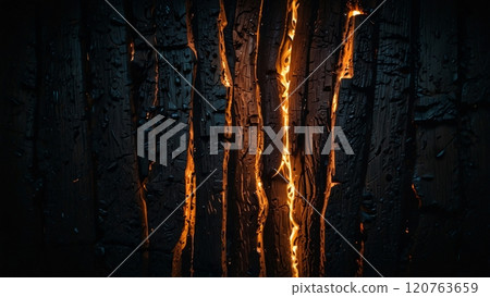 Close-up of charred wood, glowing embers, intricate cracks and textures 120763659