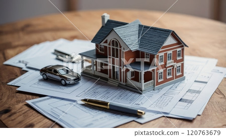 real estate concept a model of a paper modern house near the keys on the table 120763679