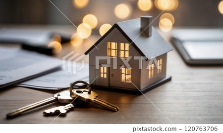 real estate concept a model of a paper modern house near the keys on the table 120763706