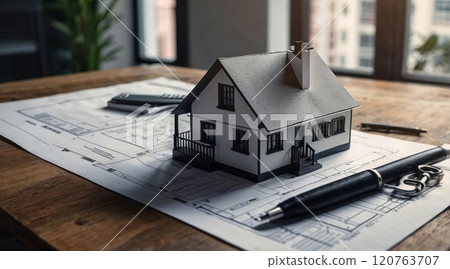 real estate concept a model of a paper modern house near the keys on the table 120763707