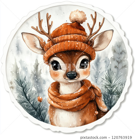 Sticker of Christmas deer cute happy winter character, simple illustration on a white background, cute and dreamy. 120763919