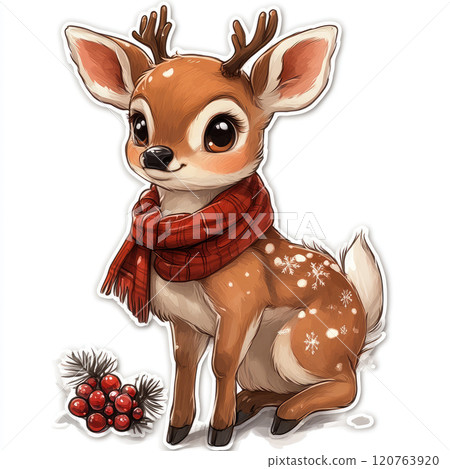 Sticker of Christmas deer cute happy winter character, simple illustration on a white background, cute and dreamy. 120763920