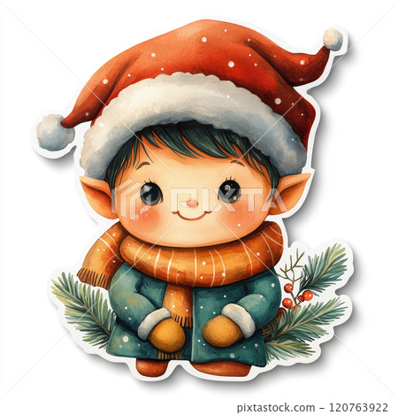 Sticker of Christmas elf cute happy winter character, simple illustration on a white background, cute and dreamy. 120763922