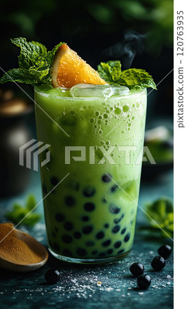 Trendy Asian cold ice drink with dark tapioca balls. 120763935