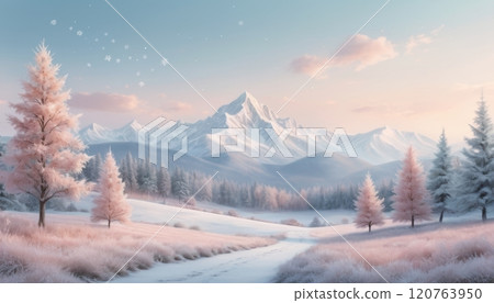 illustration of a snowy landscape illuminated in the morning with an almost magical light 120763950