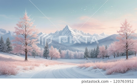 illustration of a snowy landscape illuminated in the morning with an almost magical light 120763952