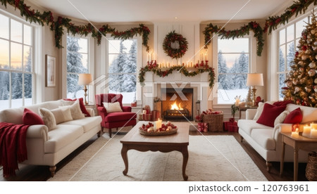 illustration of a living room decorated with a Christmas theme with a large space, tables and sofas illustration of a living room decorated with a Christmas theme with a large space, tables and sofas 120763961