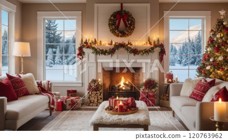 illustration of a living room decorated with a Christmas theme with a large space, tables and sofas illustration of a living room decorated with a Christmas theme with a large space, tables and sofas 120763962