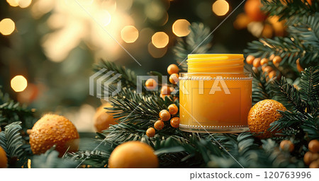 Winter skincare products concept, mock up serum essence with orange, Christmas festive atmosphere. 120763996