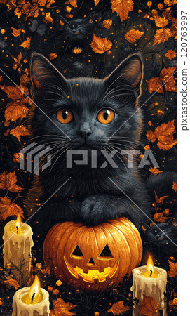 Featuring adorable catss, carved halloween pumpkin and candles in lavender and baby yellow colors. 120763997