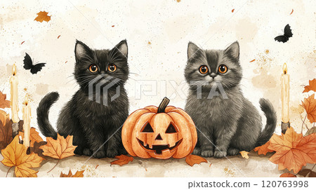 Featuring adorable catss, carved halloween pumpkin and candles, muted taupe, and soft beige colors. 120763998