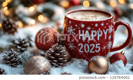 Happy 2025, cup of hot Chocolate drink and pinecones, star and festive decorations, winter snow background. 120764002
