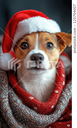 Adorable playful dog wearing Santa hats on fluffy blanket background. 120764007