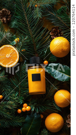 Winter skincare products concept, mock up serum essence with orange, Christmas festive atmosphere. 120764114