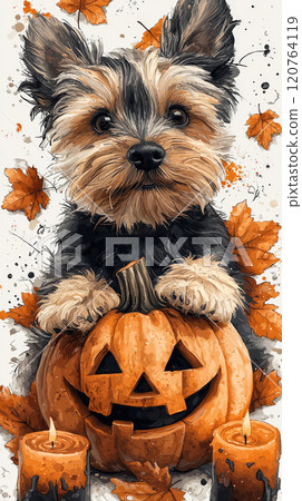 Featuring adorable dogs, carved halloween pumpkin and candles on a white background. 120764119