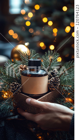 Female holding christmas box full with set a product range of men skincare product. 120764123