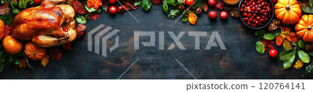 Banner - Christmas or Thanksgiving dinner with turkey roasted and all sides dishes and seasonal autumnal decor on rustic wooden background, creating a festive. 120764141