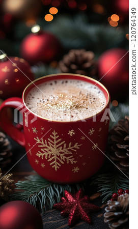 A cozy red mug hot cacao with Christmas drink, pinecones, and festive decorations, creating a warm holiday ambiance, festive background bokeh. 120764149