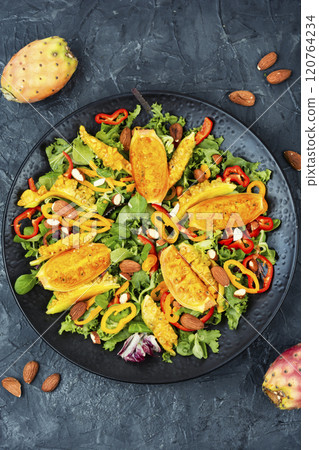Fresh vegan cactus salad on a plate. 120764234