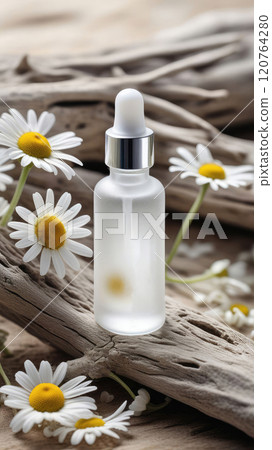 Mock up serum extract or any beauty product from natural ingredients standing on driftwood surrounded chamomile flowers. Mock up serum extract or any beauty product from natural ingredients standing on driftwood surrounded chamomile flowers. 120764280