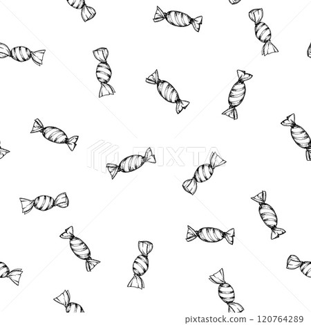 Seamless vector hand drawn ink pattern of lollipops, candy in wrappers. Festive sweets background for Christmas designs, prints for confectioners, bakeries packaging, wrapping paper, textile 120764289
