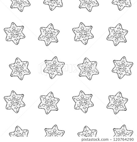 Merry Christmas treat, gingerbread snowflake with icing. Vector hand drawn seamless pattern with ink. Symbol of winter mood. New Year sweetness for bakery packaging, printing, gifts and handicrafts. 120764290