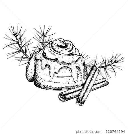 Hand drawn vector illustration of a cinnamon roll with icing, cinnamon sticks and pine branches. A cozy, festive composition perfect for Christmas projects and holiday themed designs. 120764294