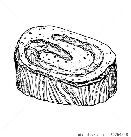Black and white vector hand drawn illustration of a sweet roll with a twisted filling. Ideal for bakery design, recipe books, packaging, pastry shop menu design or food themed projects Black and white vector hand drawn illustration of a sweet roll with a twisted filling. Ideal for bakery design, recipe books, packaging, pastry shop menu design or food themed projects 120764298