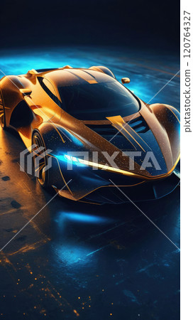 Luxury sports car in neon ocher and gold lights, powerful acceleration of a supercar. 120764327