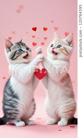 Adorable cats sitting together with holding a small heart-shaped card on a pastel pink background. 120764395