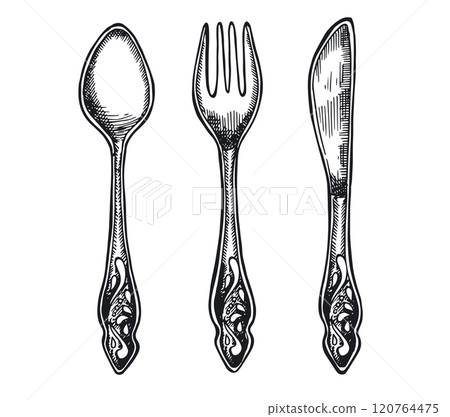 Spoon, fork and knife hand drawn illustration. Spoon, fork and knife hand drawn illustration. 120764475