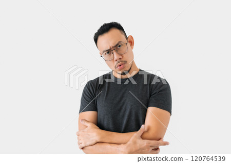 Serious angry face freelance man bun hair in black on white. 120764539