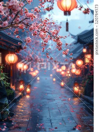 Cherry Blossoms and Lanterns in a Misty Asian Street Scene 120764573