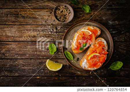 Sandwich with cream cheese and salmon 120764854