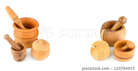 Set of wooden mortars and pestles isolated on white. Free space for text. Collage. Wide photo. 120764915