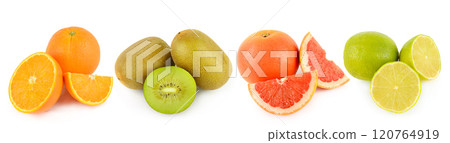 Ripe juicy orange, kiwi, lime and grapefruit isolated on white. There is free space for text. Collage. Wide photo. Ripe juicy orange, kiwi, lime and grapefruit isolated on white. There is free space for text. Collage. Wide photo. 120764919