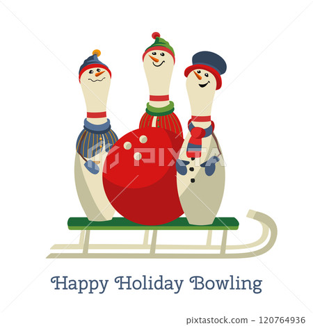 Christmas holiday bowling fancy vector icon. Bowling ball, funny pins in sleigh cartoon design element. Bowl club x-mas holidays invitation template. Christmas bowl party event background illustration Christmas holiday bowling fancy vector icon. Bowling ball, funny pins in sleigh cartoon design element. Bowl club x-mas holidays invitation template. Christmas bowl party event background illustration 120764936