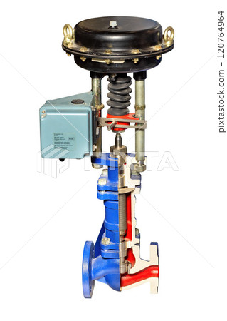 Innovative valve design showcases engineering precision in industrial applications, isolated on white background. 120764964