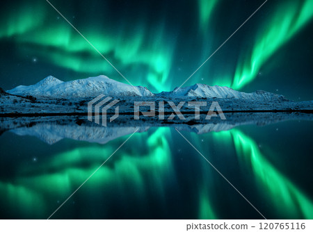 Northern lights over the snowy mountains, reflection in water 120765116