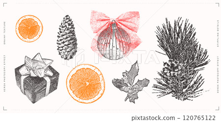 Holiday and Winter-themed Elements. Stippling Christmas Vector Set 120765122