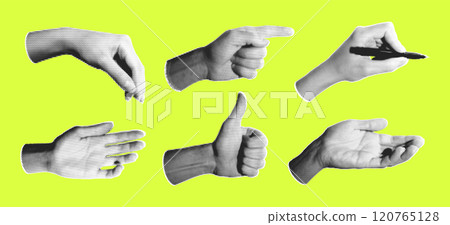 Set of halftone images of hands. Pop art retro style illustration 120765128