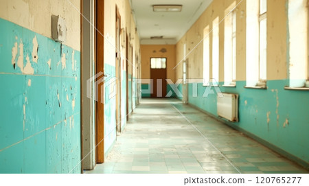 Abandoned Hospital Hallway with Peeling Paint and Worn Tile Flooring 120765277