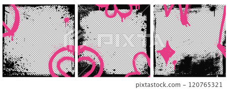 Grunge spray urban background set with pink graffiti element, brush strokes, and rough paint. Retro design with abstract black shape and ink pattern for poster or photo 120765321