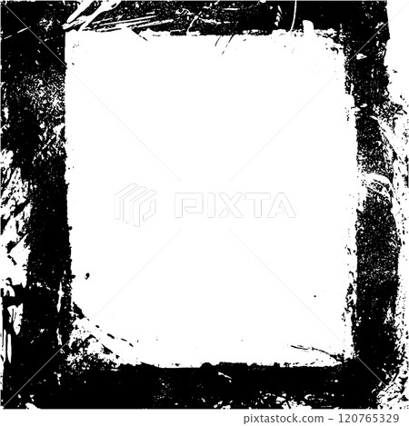 Vector square frame with rough brush strokes and hand-drawn outline. Grunge texture featuring distressed edges, torn corners, and scratched ink 120765329