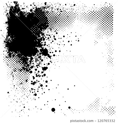 Vector halftone frame with rough ink border on an abstract background. Retro design featuring splatter, geometric patterns, and grungy texture 120765332