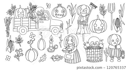Vector drawing. Set of cute characters and elements for Halloween. Coloring book in vintage style Vector drawing. Set of cute characters and elements for Halloween. Coloring book in vintage style 120765337