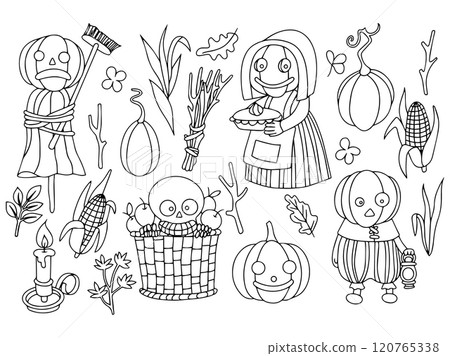 Vector drawing. Set of cute characters and elements for Halloween. Coloring book in vintage style 120765338