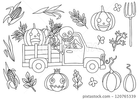 Vector drawing. Set of cute characters and elements for Halloween. Coloring book in vintage style 120765339