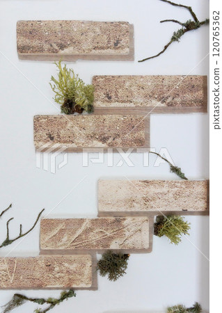 White wall with bricks and moss, decor interior 120765362
