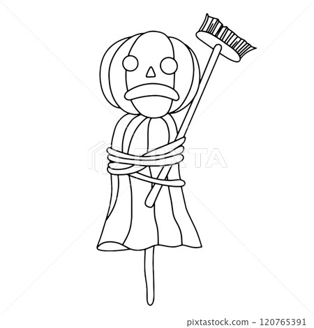 Vector drawing. Cute character, garden scarecrow with pumpkin head. Halloween coloring book 120765391